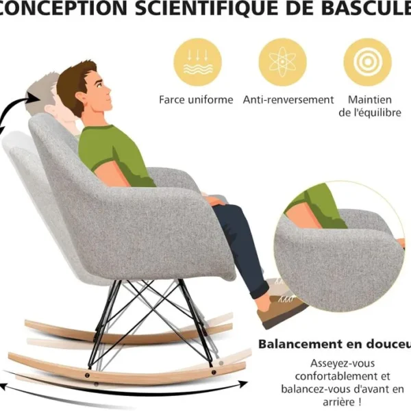 Chaise à Bascule En Bois De Hêtre Massif, Chaise Berçante Avec Coussin Rembourréchambre, Gris