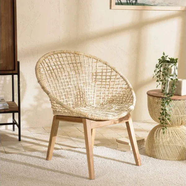 Alida - Fauteuil Beige Dossier Arrondi Assise En Abaca Tressé