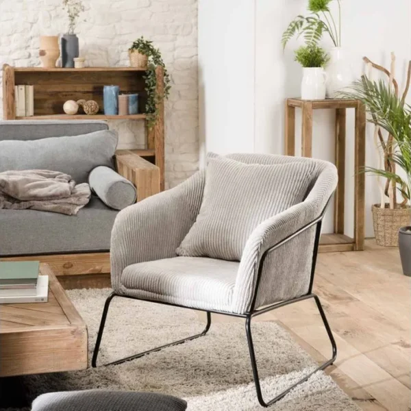 Albane - Fauteuil Tissu Velours Cotelé Gris Perle Pieds Évasés Métal