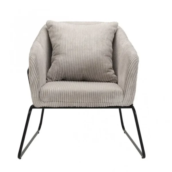 Albane - Fauteuil Tissu Velours Cotelé Gris Perle Pieds Évasés Métal