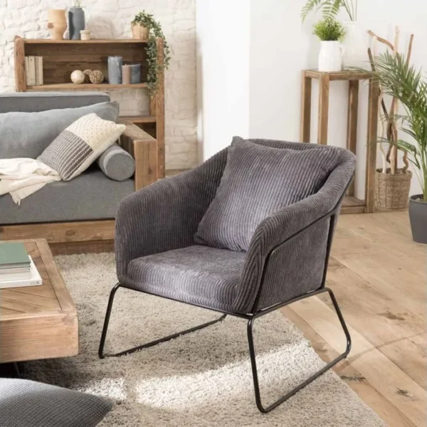 Albane - Fauteuil Tissu Velours Cotelé Gris Anthracite Pieds Évasés Métal