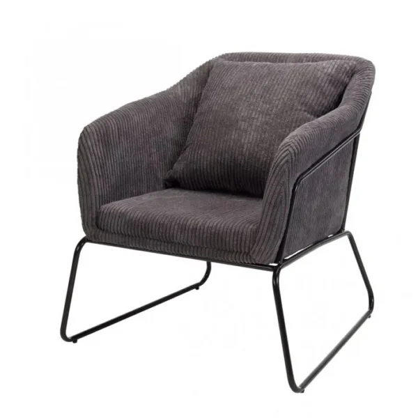 Albane - Fauteuil Tissu Velours Cotelé Gris Anthracite Pieds Évasés Métal