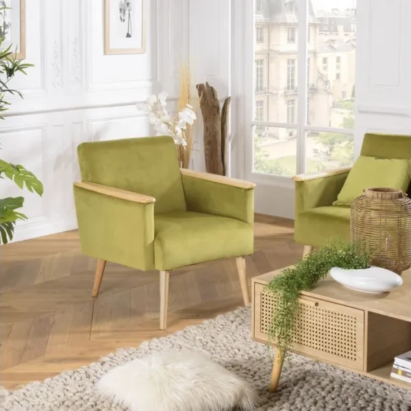 Albane - Fauteuil Velours Vert Clair Pieds Et Accoudoirs Bois