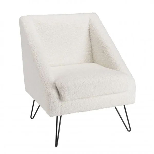 Albane - Fauteuil Tissu Bouclette Blanc Pieds Épingles Métal Noir