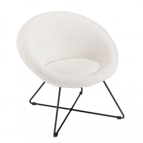 Albane - Fauteuil Tissu Bouclette Blanc Pieds Croisés Métal Noir