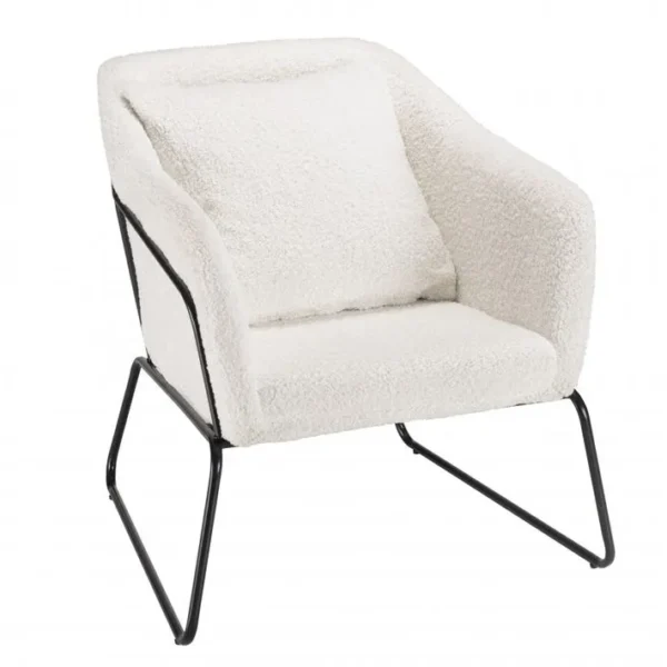 Albane - Fauteuil Tissu Bouclette Blanc Pieds Évasés Métal Noir