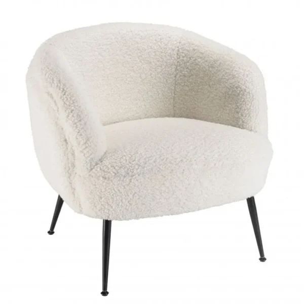 Albane - Fauteuil Cosy Tissu Bouclette Blanc Pieds Métal Noir