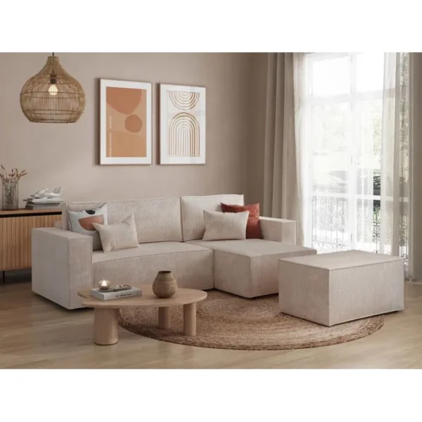 Pack - Clarisse - Canapé Dangle Convertible Réversible Avec Pouf En Velours Côtelé - Beige