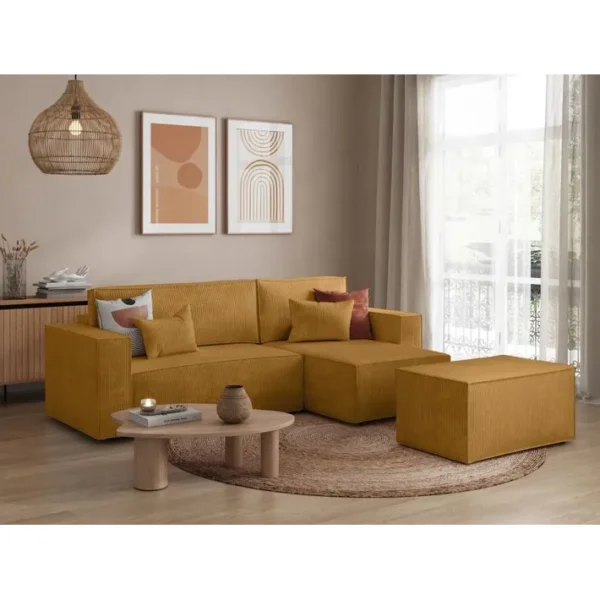 Pack - Clarisse - Canapé Dangle Convertible Réversible Avec Pouf En Velours Côtelé - Jaune