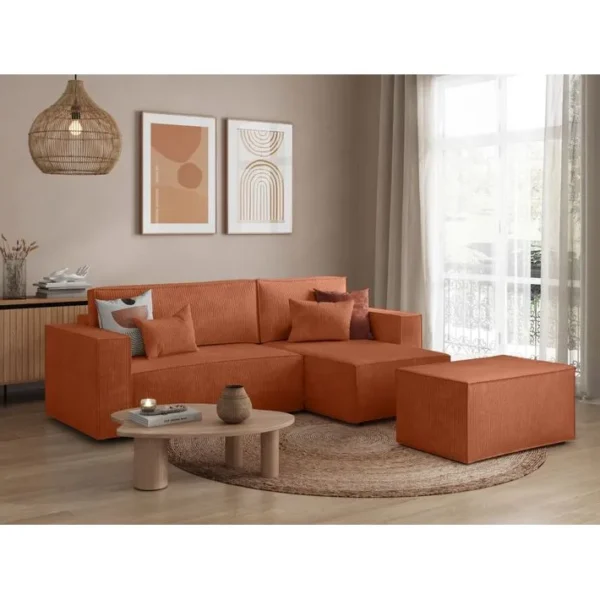 Pack - Clarisse - Canapé Dangle Convertible Réversible Avec Pouf En Velours Côtelé - Terracotta