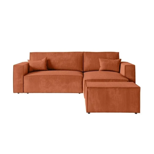 Pack - Clarisse - Canapé Dangle Convertible Réversible Avec Pouf En Velours Côtelé - Terracotta