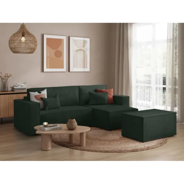 Pack - Clarisse - Canapé Dangle Convertible Réversible Avec Pouf En Velours Côtelé - Vert Foncé