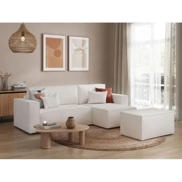 Pack - Clarisse - Canapé Dangle Convertible Réversible Avec Pouf En Tissu Bouclette - Blanc