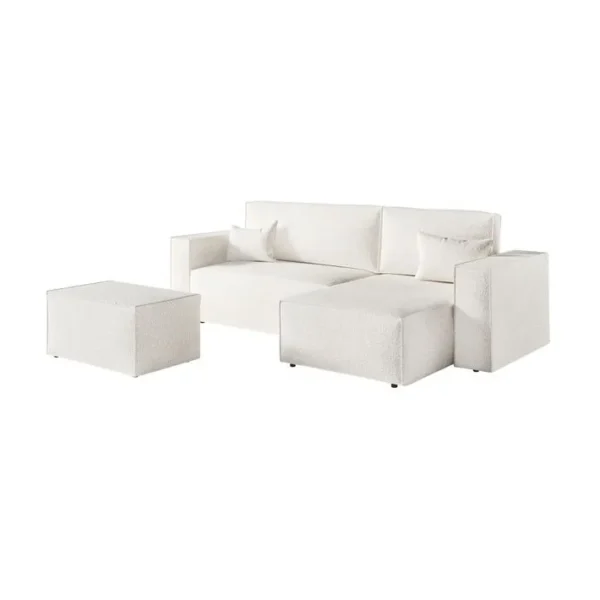 Pack - Clarisse - Canapé Dangle Convertible Réversible Avec Pouf En Tissu Bouclette - Blanc