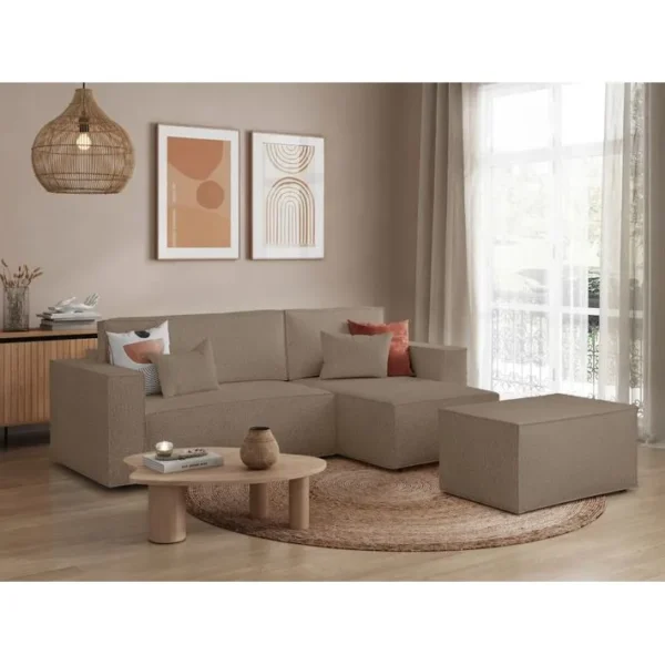 Pack - Clarisse - Canapé Dangle Convertible Réversible Avec Pouf En Tissu Bouclette - Taupe