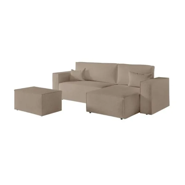 Pack - Clarisse - Canapé Dangle Convertible Réversible Avec Pouf En Tissu Bouclette - Taupe