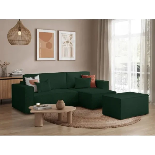 Pack - Clarisse - Canapé Dangle Convertible Réversible Avec Pouf En Tissu Bouclette - Vert