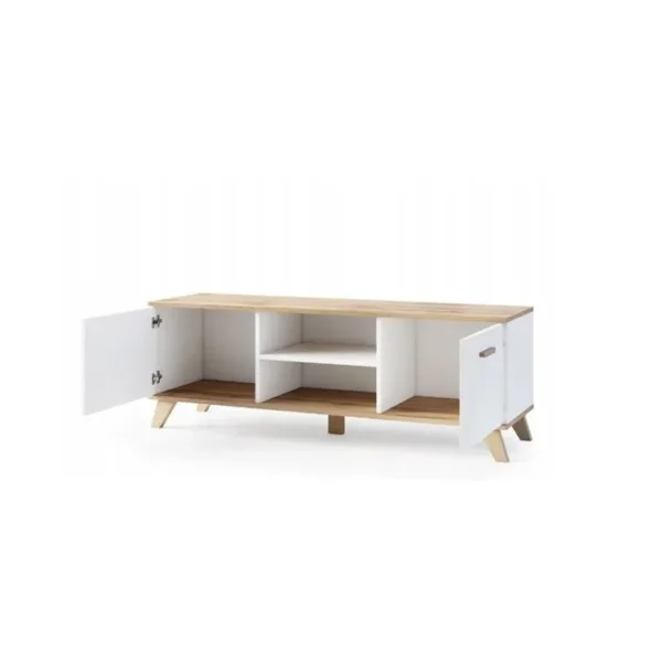 Bergen Meuble TV Scandinave 150 Cm Sur Pieds Bois Et Blanc