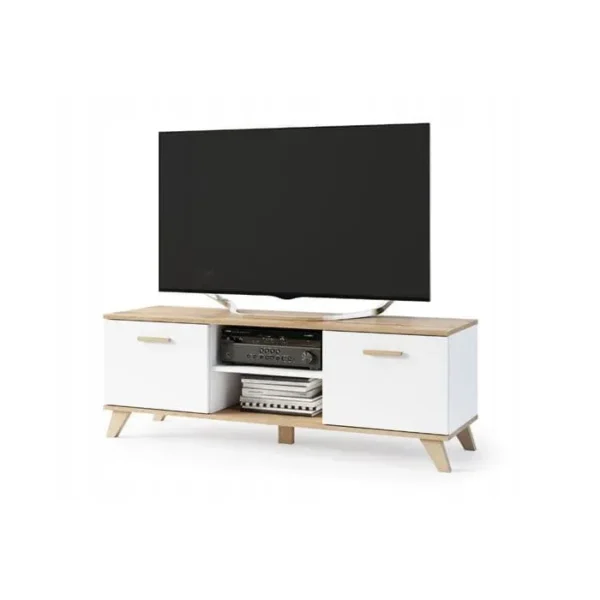 Bergen Meuble TV Scandinave 150 Cm Sur Pieds Bois Et Blanc