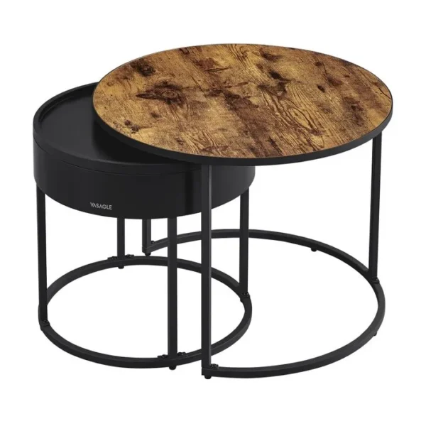 Tables Basses, Lot De 2, Rangement Discret Et Plateau, Marron Rustique Et Noir Dencre