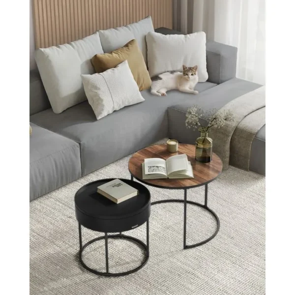 Tables Basses, Lot De 2, Rangement Discret Et Plateau, Noyer Naturel Et Noir Dencre