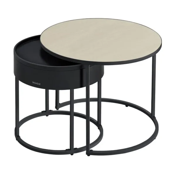 Tables Basses, Lot De 2, Rangement Discret Et Plateau, Beige Naturel Et Noir Dencre