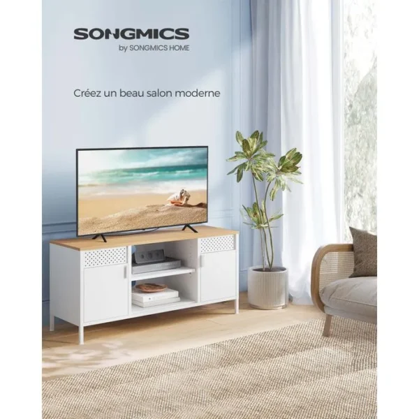 SONGMICS Meuble TV, Support Télé Pour Téléviseur Jusqu’à 55 Pouces, Couleur Chêne Et Blanc