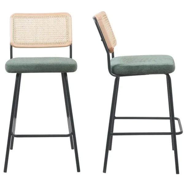 Lot De 2 Tabourets De Bar En Velours Côtelé Vert Et Cannage Naturel - Muse