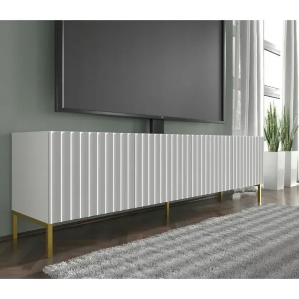 BB LOISIR Meuble TV 200x56x42 Cm Blanc Mat Vague Meuble Hi-fi Luxueux Sur Pied Avec 4 Portes