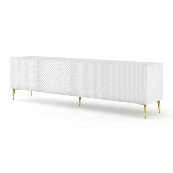 BB LOISIR Meuble TV Meuble Hi-fi Sur Pied Blanc Mat 200x42x56cm Ravi C Diamant Pied Or