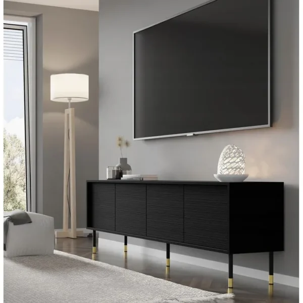 BB LOISIR Meuble TV 180x40x60 Cm Meuble Hi-fi Luxueux Sur Pied Noir Mat Meshewood