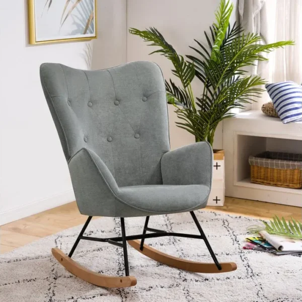 Fauteuil À Bascule Rocking Chair Fauteuil Relax Style Scandinave En Tiss Gris Avec Pieds En Hêtre