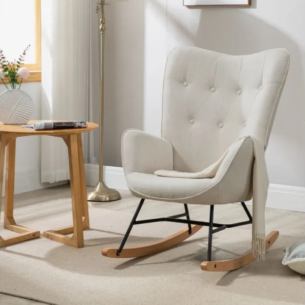 Fauteuil À Bascule Rocking Chair Scandinave En Tissu Avec Pieds En E Bois Métal, Beige