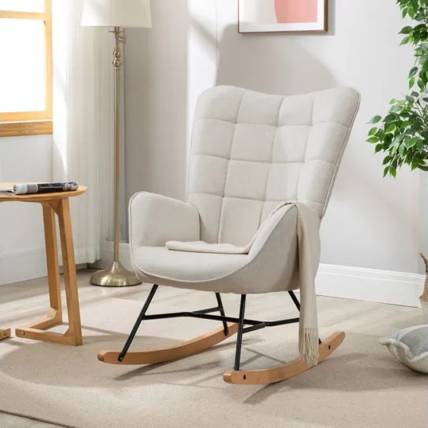 Fauteuil À Bascule Rocking Chair Scandinave En Tissu Avec Pieds En E Bois Métal, Beige