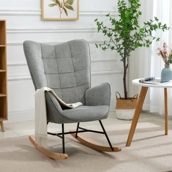 Fauteuil À Bascule Allaitement Scandinave En Tissu Avec Pieds En E Bois Métal, Gris