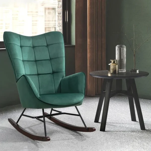 Fauteuil À Bascule Rocking Chair Fauteuil Relax Style Scandinave En Velours Vert Avec Pieds En Hêtre