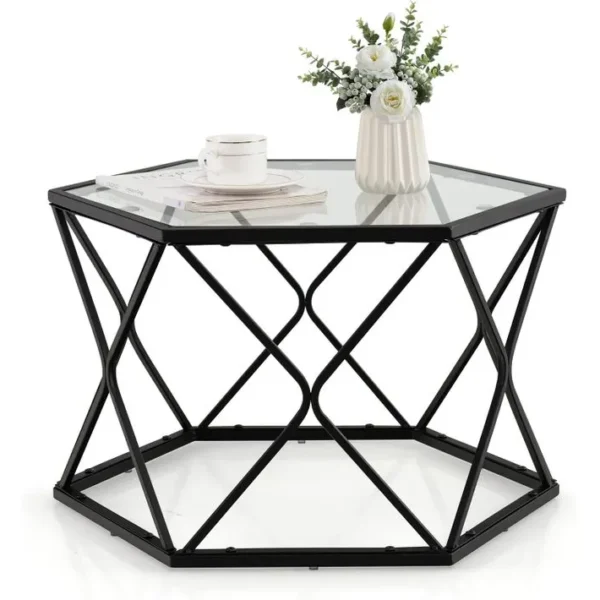 Table Salon Basse Avec Plateau En Verre Trempé, Table Dappoint Hexagonale Avec Espace De Rangement