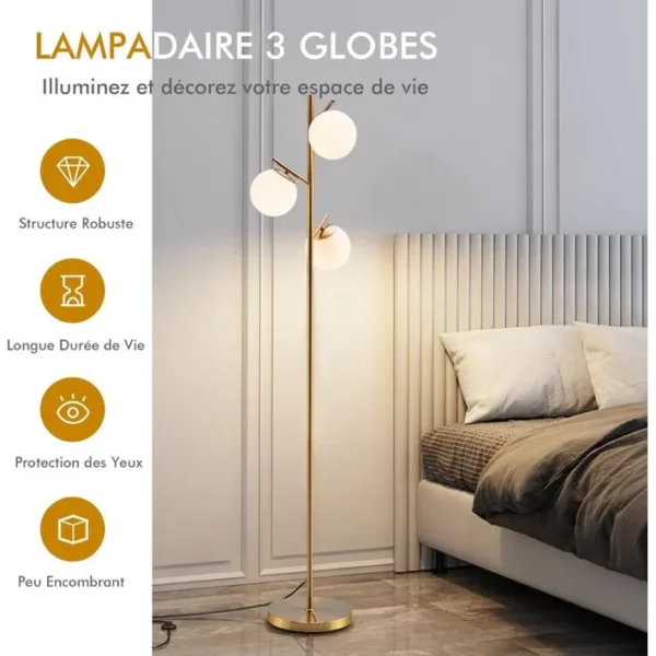 Lampadaire à 3 Globes, Lampe Sur Pied Moderne Avec Interrupteur à Pied Et Poteau Métallique