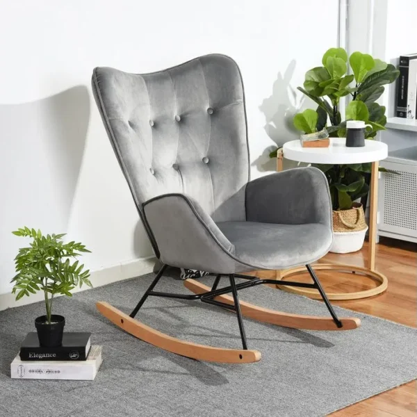 Fauteuil À Bascule Rocking Chair Scandinave En Velours Avec Pieds En E Bois Métal, Gris