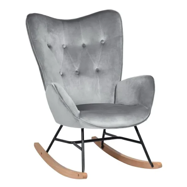 Fauteuil À Bascule Rocking Chair Scandinave En Velours Avec Pieds En E Bois Métal, Gris