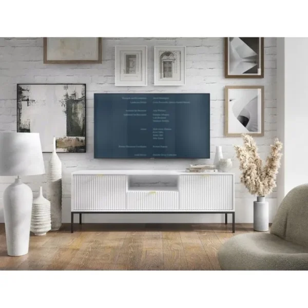 BB LOISIR Meuble TV Blanc 154x56x39cm Noemie Meuble Hi-fi Commode TV Sur Pied