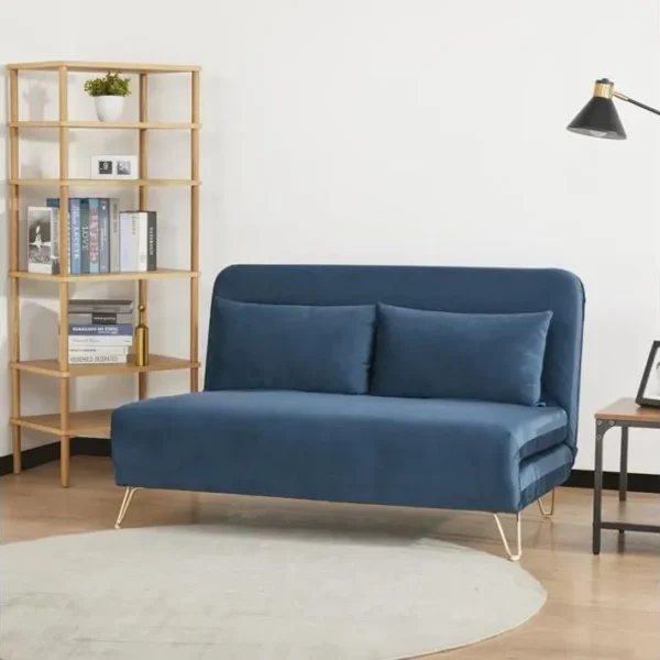 Banquette Convertible 2 Places - Velours Bleu - Style Scandinave - L 130 X P 90 X H 81 Cm - Deplo