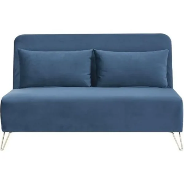 Banquette Convertible 2 Places - Velours Bleu - Style Scandinave - L 130 X P 90 X H 81 Cm - Deplo