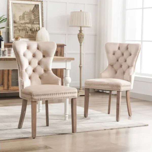 2 Chaises de salle à manger rembourrée, pieds en bois massif, revêtement en velours, beige