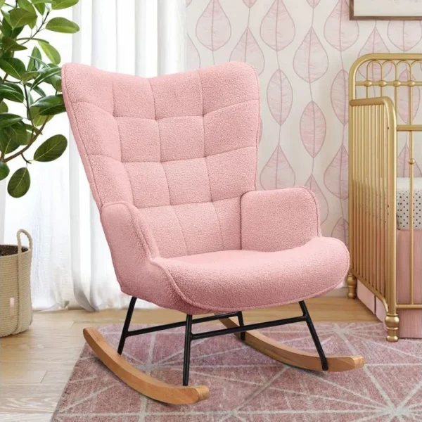 Fauteuil à Bascule - Fauteuil à Oreilles Rembourré - Pieds En Métal & En Bois Massif - Velours Teddy