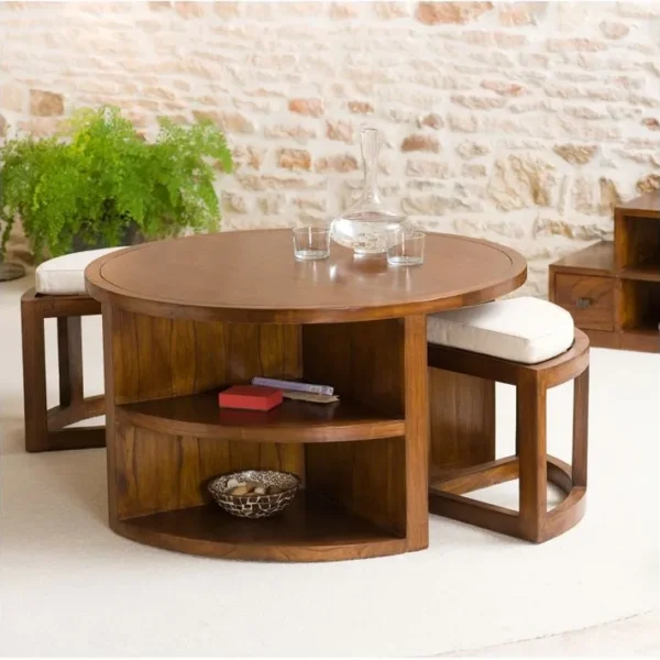 Eden - Table Basse Ronde Marron 2 Tabourets Avec Coussins Écrus Bois Mindi