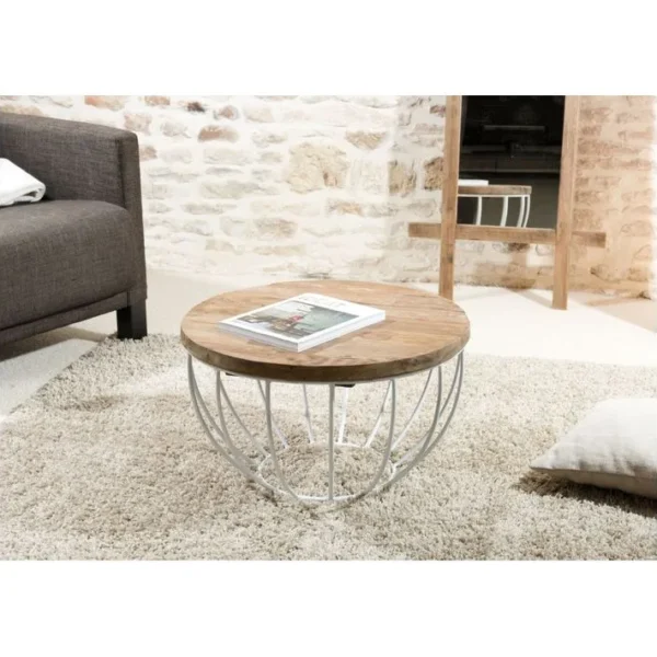 Alida - Table Basse Coque Ronde 60x60cm Plateau Teck Recyclé Piétement Métal Blanc