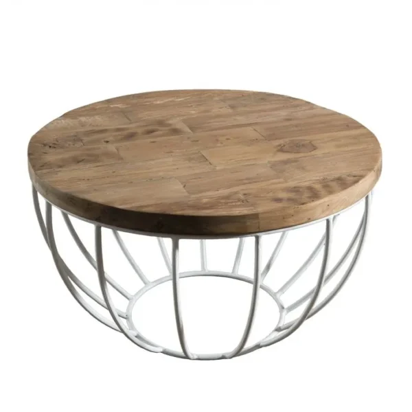 Alida - Table Basse Coque Ronde 60x60cm Plateau Teck Recyclé Piétement Métal Blanc