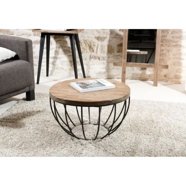 Alida - Table Basse Coque Ronde 60x60cm Plateau Teck Recyclé Piétement Métal Noir