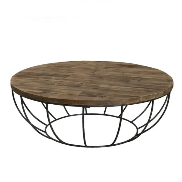 Alida - Table Basse Coque Ronde 100x100cm Plateau Teck Recyclé Piétement Métal Noir